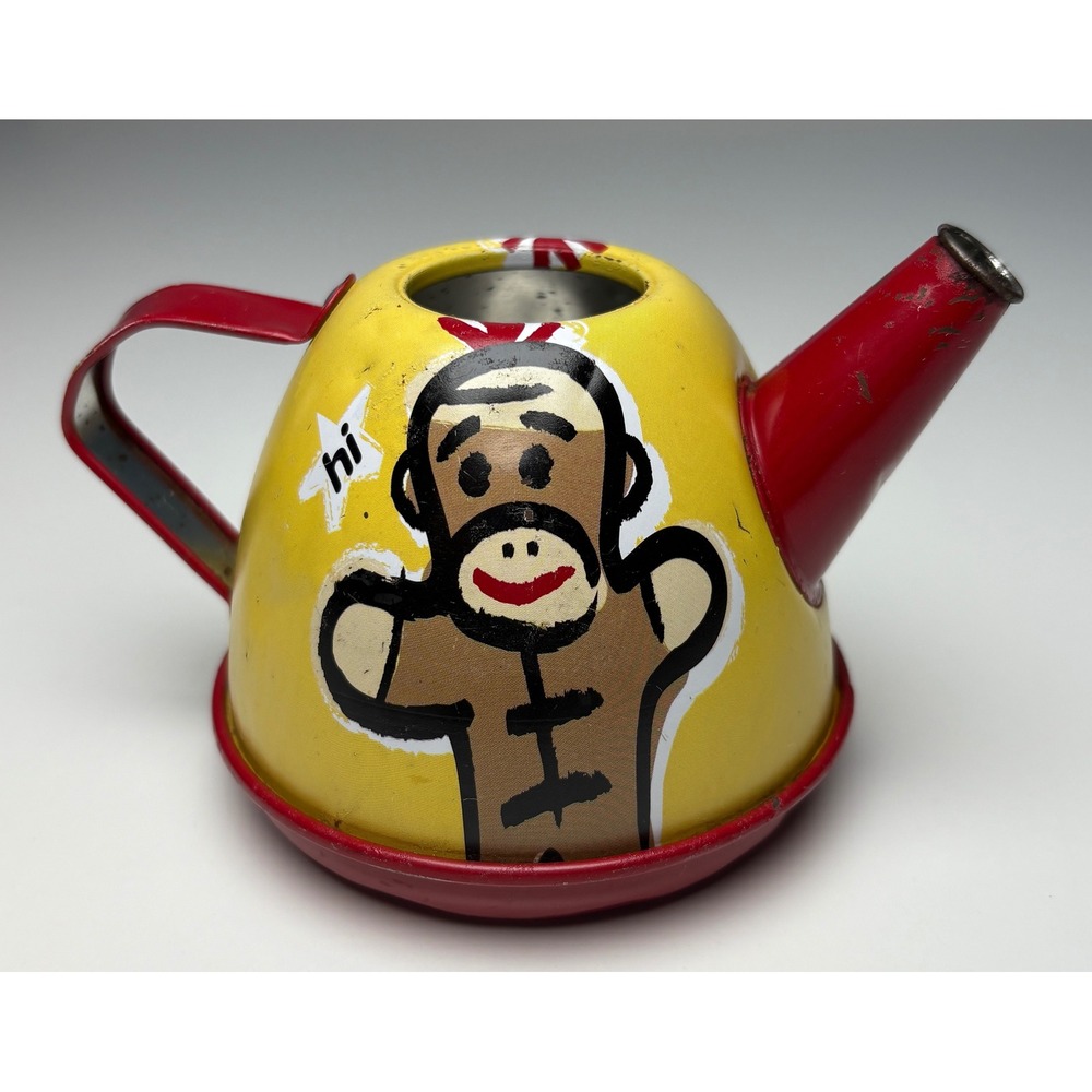 Sock Monkey Schylling Toy Teapot Small Yellow Tin Metal Play Kitchen